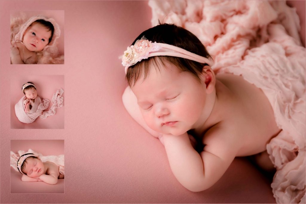 baby photoshot Sydney newborn is sleeping with a pink blanket and there are three other photos like a collage