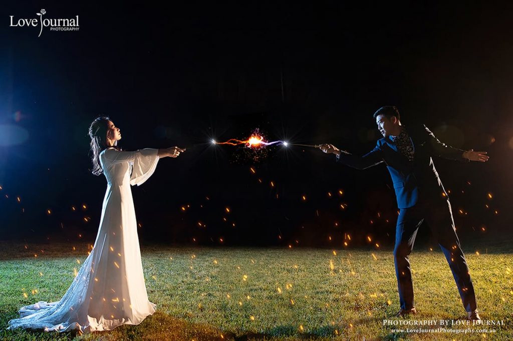 wedding photography package Melbourne bride and groom are playing with sparklers