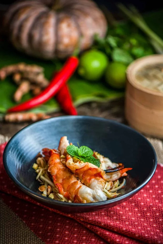 food photographer london two cooked prawns with some bean sprouts in a bowl